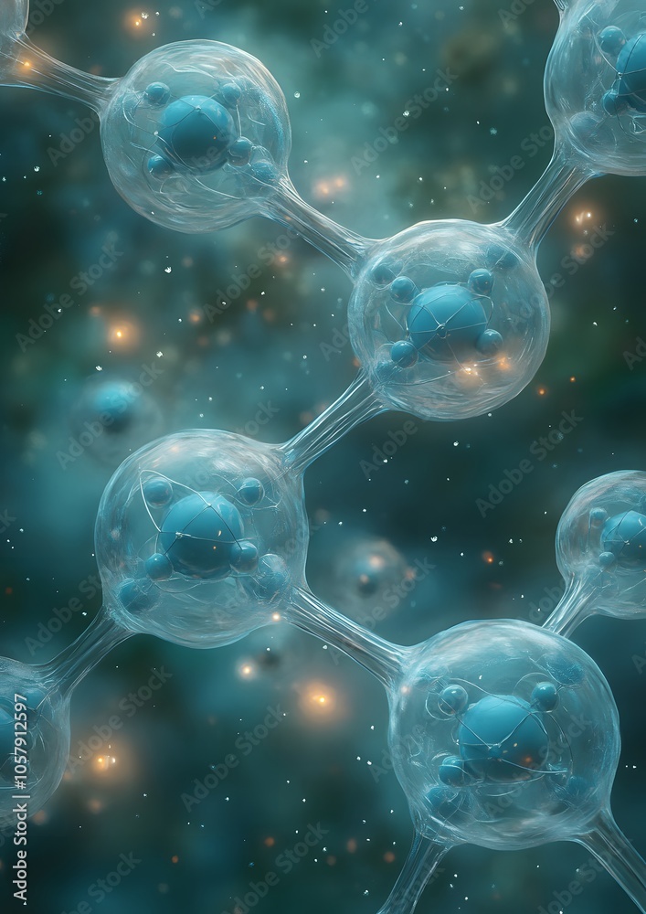 A series of blue spheres are arranged in a line, with some of them overlapping. Concept of complexity and interconnectedness, as the spheres seem to be linked together in a web-like pattern A series of blue spheres are arranged in a line, with some of them overlapping. Concept of complexity and interconnectedness, as the spheres seem to be linked together in a web-like pattern