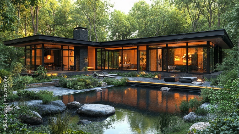 Obraz premium Modern house surrounded by lush greenery reflecting on a tranquil pond during sunset