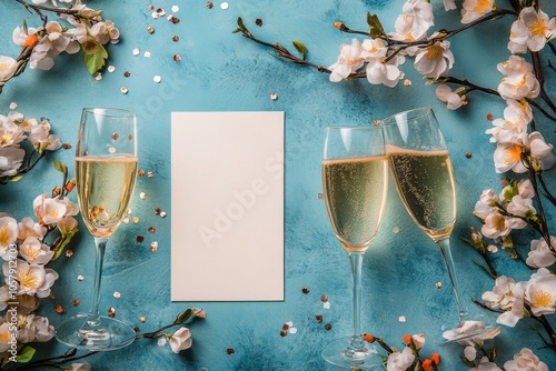 Celebration setup with three glasses of champagne and a blank card on a blue ...