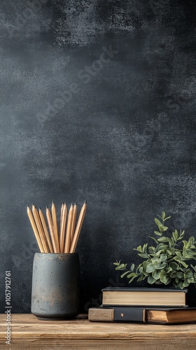 Yellow pencils in a black holder next to an old book on a wooden surface