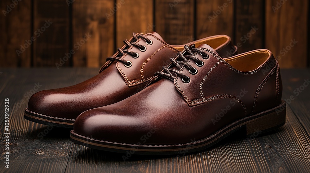 Men's brown leather shoes with shoelaces on dark wooden background, close up Men's brown leather shoes with shoelaces on dark wooden background, close up