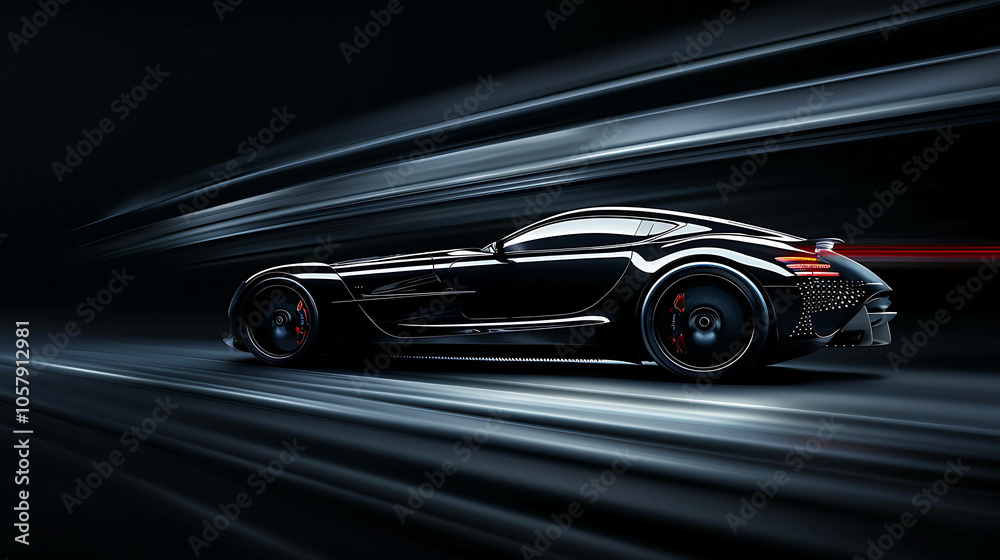 A sleek black sports car speeds through a dark tunnel. The car's headlights are on, and the tunnel is illuminated by the car's red taillights. A sleek black sports car speeds through a dark tunnel. The car's headlights are on, and the tunnel is illuminated by the car's red taillights.