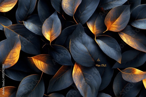 Dark leaves with golden accents create a striking visual texture for artistic...