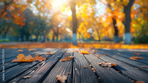 Colorful autumn scenery with wooden flooring in a blurred park.