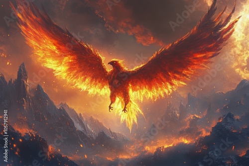 A majestic phoenix rises from fiery clouds during a dramatic sunset in a fant...