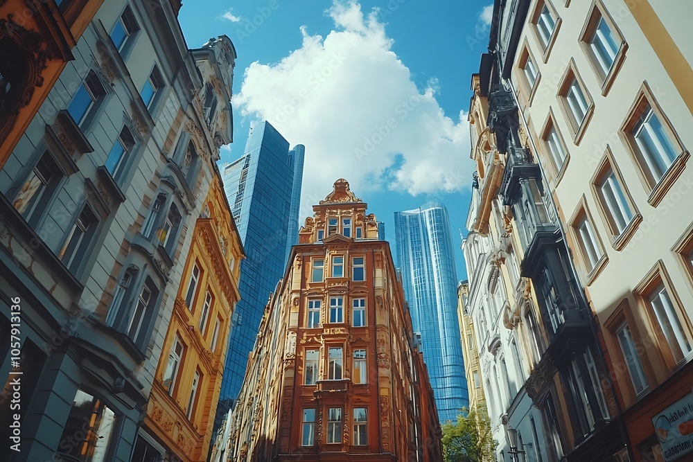 Fototapeta premium Low Angle View of Ornate Building Facades and Skyscrapers in the City
