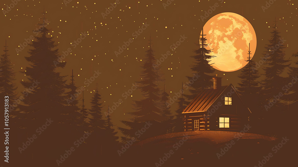 Fototapeta premium A wooden house in the middle of a forest. The moon is full and the stars are out. The house is lit up from the inside.