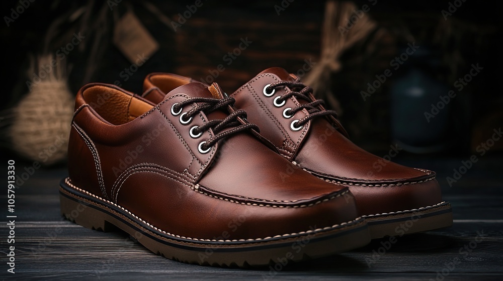 Men's brown leather shoes with shoelaces on dark wooden background, close up Men's brown leather shoes with shoelaces on dark wooden background, close up