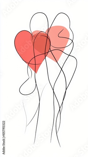 Two artistic heart shapes with delicate lines on a soft background celebratin...