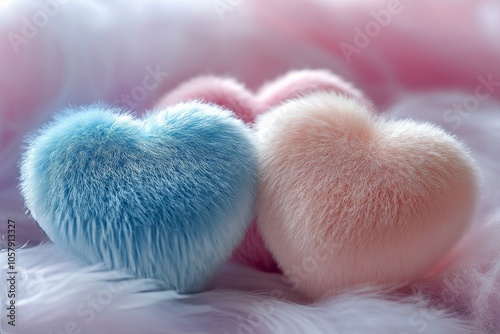 Soft, fluffy heart shaped cushions in pastel colors arranged aesthetically on...