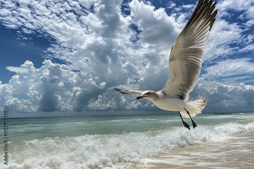 Seagull soaring over gentle waves at a serene beach under a cloudy sky in the...