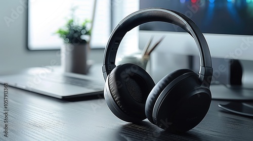 A headphones on the desk, Modern wireless headphone.