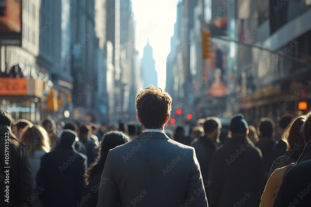 Man in Suit Walking Backwards in Crowded City Street Man in Suit Walking Backwards in Crowded City Street