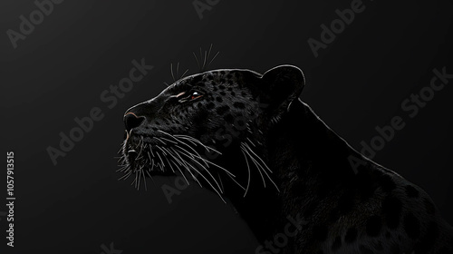 A majestic black panther stares into the darkness. Its fur is sleek and shiny, and its eyes are a deep, piercing yellow. photo