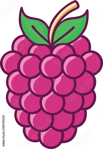 Raspberry Illustration with Leafy Stem, Bright and detailed illustration of a raspberry with a leafy stem, showcasing its vibrant red color and clustered texture in a graphic style.