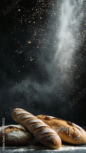 Freshly baked bread and flour dust dancing in warm kitchen light during the day