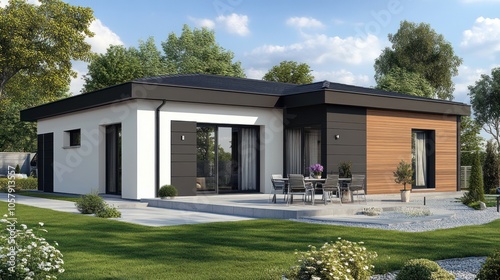 Modern house with a sleek design, surrounded by a landscaped garden and outdoor seating.