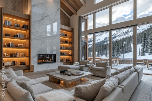 Modern living room with large windows showcasing snowy mountains in wintertime
