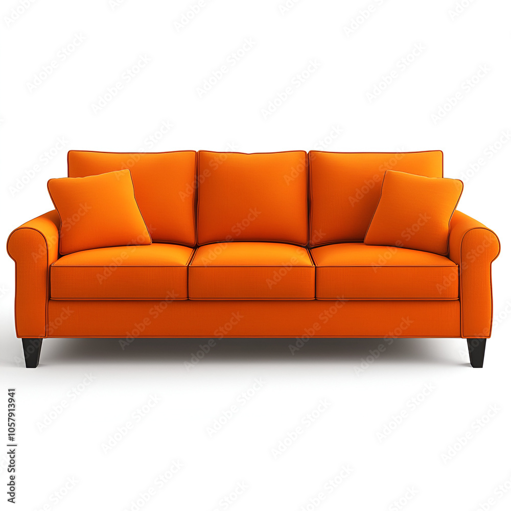 Bright orange sofa with decorative cushions placed in a modern living room setting for a cozy and vibrant atmosphere Bright orange sofa with decorative cushions placed in a modern living room setting for a cozy and vibrant atmosphere