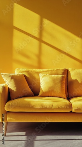 A cozy gray sofa with bright yellow cushions against a vibrant yellow wall in...
