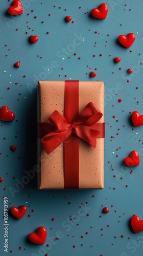 A beautifully wrapped gift on a blue background surrounded by red hearts for ...