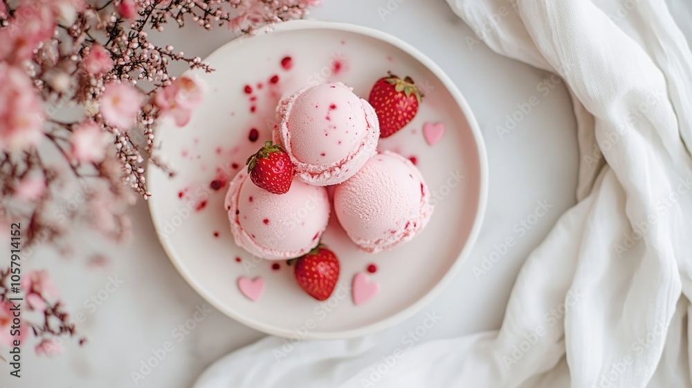Elegant Strawberry Dessert Composition with Pink Macarons and Floral Accents on White Background Elegant Strawberry Dessert Composition with Pink Macarons and Floral Accents on White Background