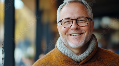 A smiling older man wearing glasses and a cozy sweater enjoys a warm day at a...