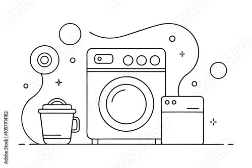 Laundry Day Line Drawing Washing Machine and Hamper Art