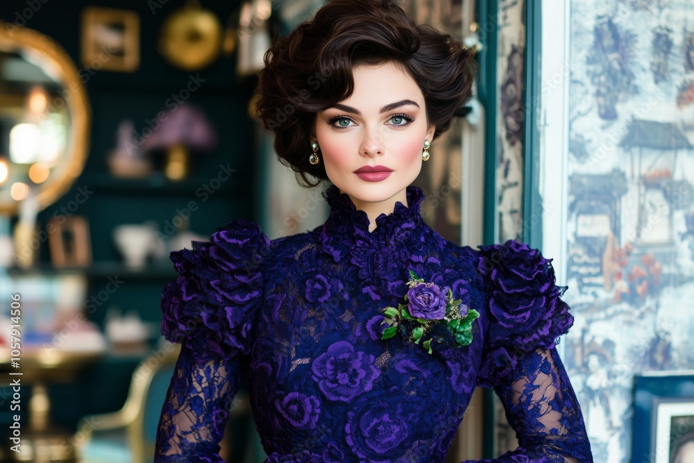 Elegant woman in deep purple dress poses gracefully in retro-inspired interior with sophisticated accents Elegant woman in deep purple dress poses gracefully in retro-inspired interior with sophisticated accents