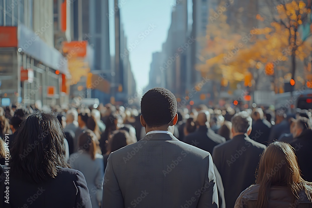 Man in Suit Walking Through City Crowd in Gray Tones Man in Suit Walking Through City Crowd in Gray Tones