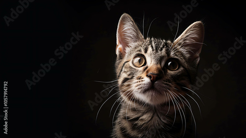 A cute tabby cat looking up with big eyes and a curious expression on its face.