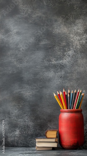 Yellow pencils in a black holder next to an old book on a wooden surface