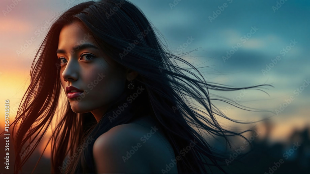 Young woman with flowing hair gazes thoughtfully at the sunset horizon Young woman with flowing hair gazes thoughtfully at the sunset horizon