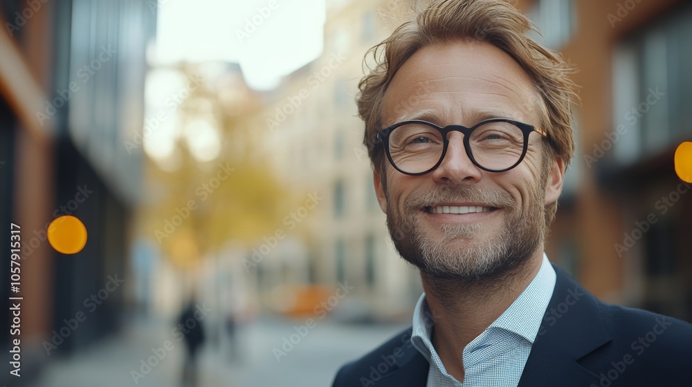 A smiling older man wearing glasses and a cozy sweater enjoys a warm day at a cafe