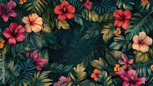 Vibrant floral pattern with tropical leaves and hibiscus flowers in rich colors.