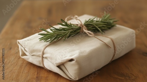 Rustic Gift Wrapped in Brown Paper with Rosemary Sprig photo