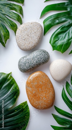 Arrangement of smooth stones surrounded by tropical leaves on a light background