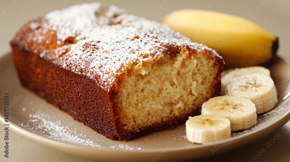Banana bread loaf with crispy crust, isolated on a beige ceramic plate, with fresh banana slices and powdered sugar Banana bread loaf with crispy crust, isolated on a beige ceramic plate, with fresh banana slices and powdered sugar