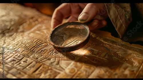 Archaeologist is carefully examining an ancient egyptian papyrus with a magnifying glass, deciphering the intricate hieroglyphics