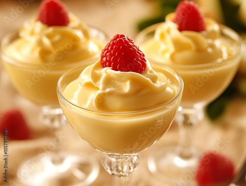 Zabaglione. The most popular Italian dishes. Light, frothy dessert served in cups, often with a golden color. Composition: Egg yolks, sugar, sweet wine (like Marsala), whisked until frothy. photo