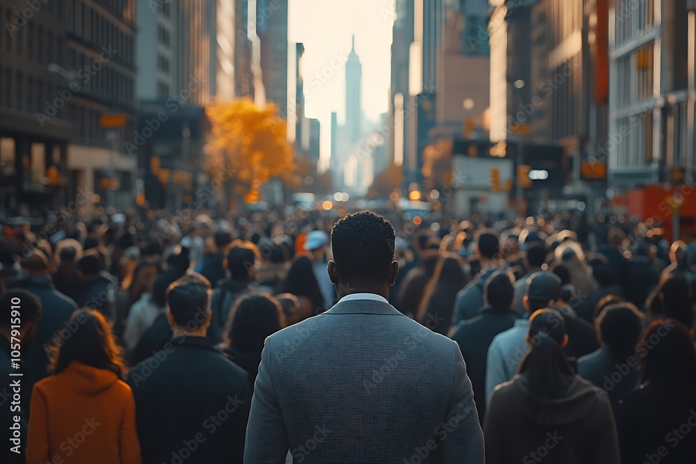 Man in Suit Walks Through Blurry City Crowd