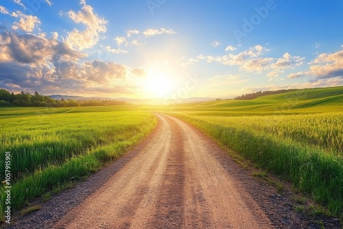 A winding dirt road through lush green fields under a bright sunrise in rural...