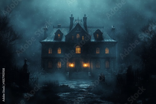 A haunted house surrounded by flames at night with eerie glowing windows in a...