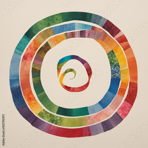 Colourful cut paper design that is neither concentric circles nor spirals, but at a glance looks like both