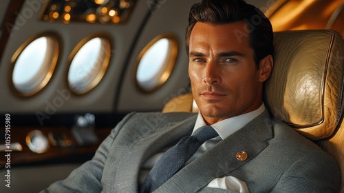 A businessman relaxing in a private jet cabin during a flight in the afternoo...