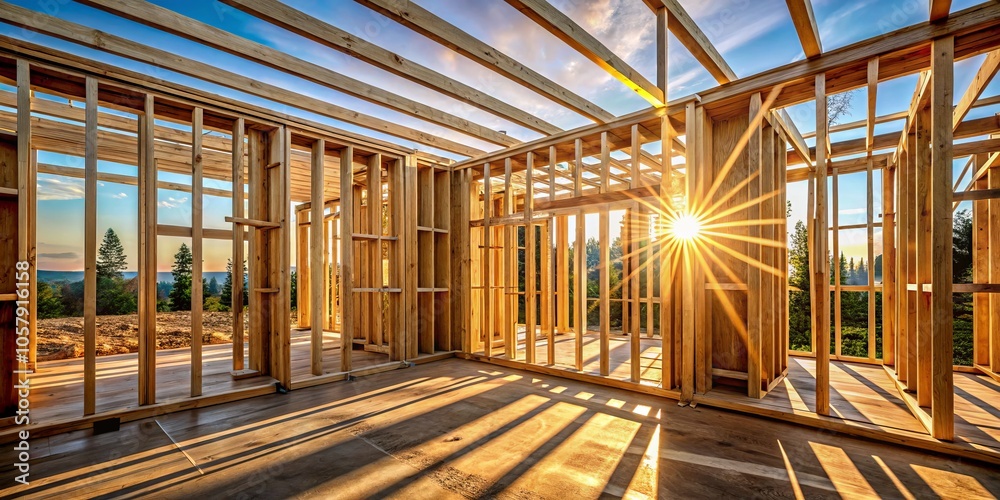 Craftsman's Dream Detailed Wooden House Frame in Warm Sunlight - Construction Progress and Nature Harmony Craftsman's Dream Detailed Wooden House Frame in Warm Sunlight - Construction Progress and Nature Harmony