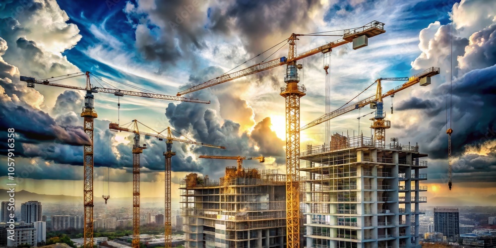 custom made wallpaper toronto digitalDynamic Urban Progress Vibrant Construction Site with Multiple Cranes Against Dramatic Skyline - Symbol of Growth and Industry