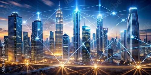 Wallpaper Mural Glowing Blue Network Futuristic Cityscape Connectivity in Modern Metropolis, Vibrant Urban Night Lights, High-Tech Communication Hub Torontodigital.ca