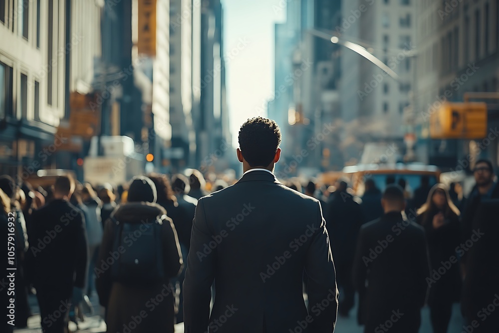 Man in Suit Walks Through Busy City Street with Blurry Background Man in Suit Walks Through Busy City Street with Blurry Background