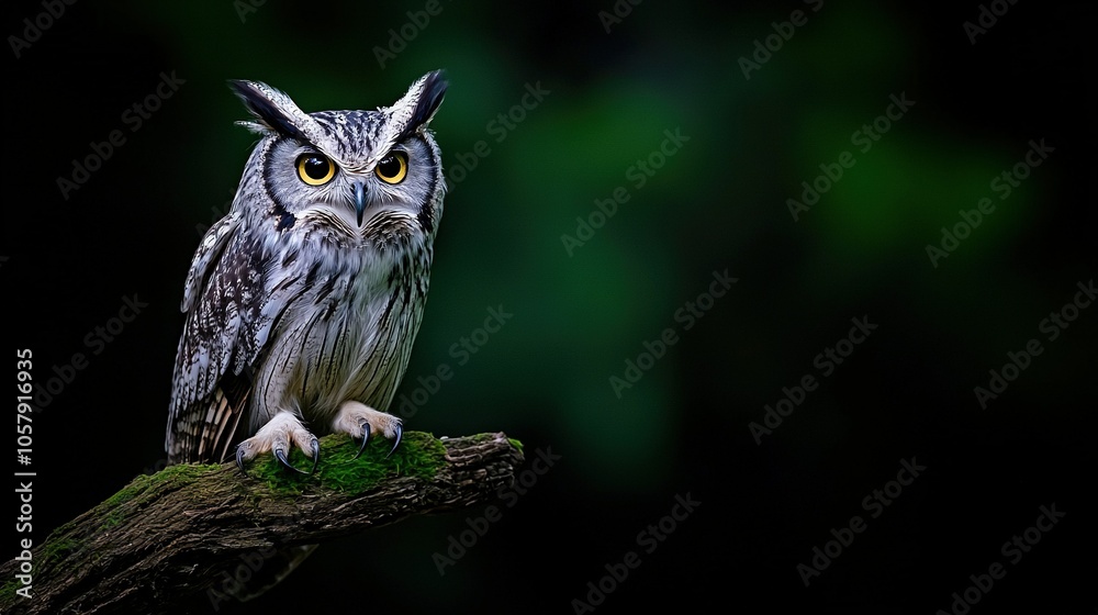   An owl perched on a tree limb, its piercing yellow eyes scanning the surroundings, against a dark backdrop